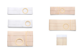 Assorted ostomy belts and hernia support belts in beige and white with stoma openings