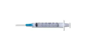 Sterile disposable syringe with needle for medical injections on white background
