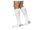White compression socks for legs, featuring gray heel and toe, shown on person standing