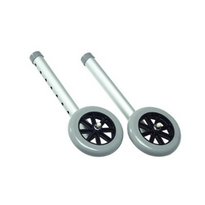 Pair of adjustable replacement walker wheels with gray rubber tires and aluminum tubes