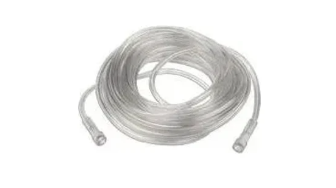 Coiled clear oxygen supply tubing for medical use on white background
