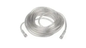Coiled clear oxygen supply tubing for medical use on white background