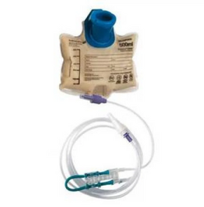 Medical enteral feeding bag with attached tube and connectors on white background
