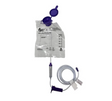 Medical feeding bag with attached tube and purple cap on white background