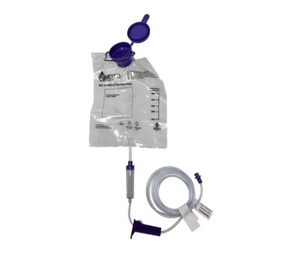 Medical feeding bag with attached tube and purple cap on white background