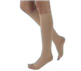 Beige knee-high open toe compression socks for medical support on legs and feet