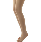 Beige open-toe compression stockings on legs for medical support and circulation
