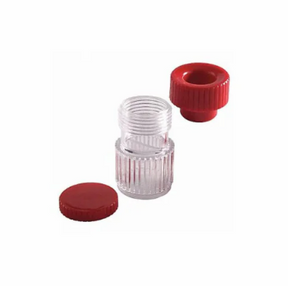 Clear plastic vial with red screw caps, used for medical supply storage