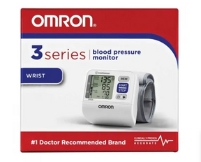 Omron 3 Series wrist blood pressure monitor box with digital display shown