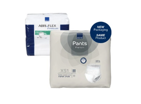 Premium adult incontinence pants in new and old packaging, disposable medical supplies