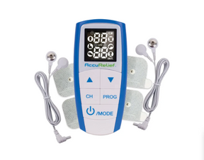 Digital TENS unit with display screen, electrode pads, and connecting wires for pain relief