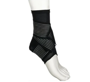 Black ankle support brace with adjustable straps on mannequin foot for injury recovery