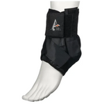 Black ankle brace with adjustable straps on mannequin foot for injury support