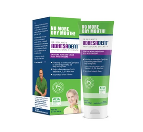 Denture adhesive cream with moisturizer in tube and box for dry mouth relief
