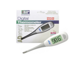 Digital thermometer displaying 98.6°F, with packaging showing features for medical use