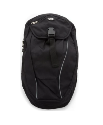 Black medical supply backpack with front zipper and streamlined design on white background