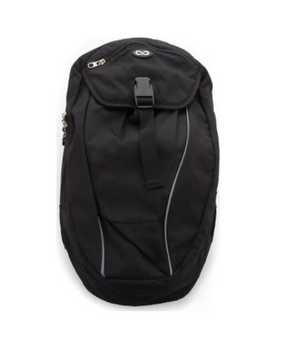 Black medical supply backpack with front zipper and streamlined design on white background