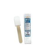 Oral swab with sponge tip and wooden handle, shown with individual sterile packaging