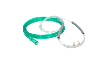 Nasal oxygen cannula with green tubing for home medical respiratory care