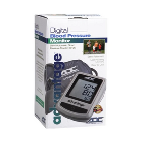 Digital blood pressure monitor in packaging, with device and cuff shown on box front.