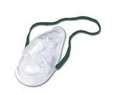 Clear oxygen mask with green elastic strap for medical respiratory support