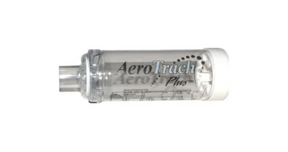 Clear AeroTrach Plus asthma inhaler spacer chamber with mouthpiece on white background