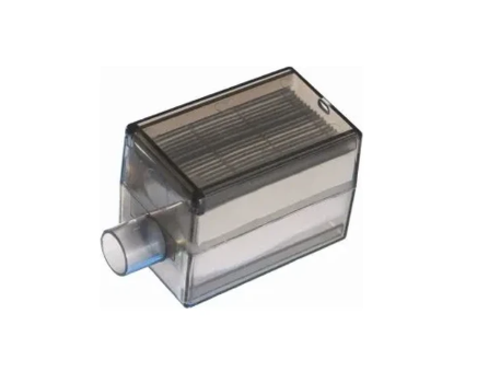 Clear rectangular medical device filter with a plastic inlet and outlet on white background