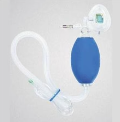 Manual resuscitator bag with clear mask and blue squeeze bulb for emergency respiratory support