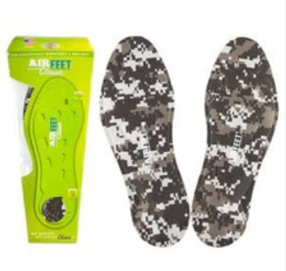 Pair of digital camo medical shoe insoles with green packaging for foot comfort