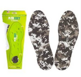 Pair of digital camo medical shoe insoles with green packaging for foot comfort