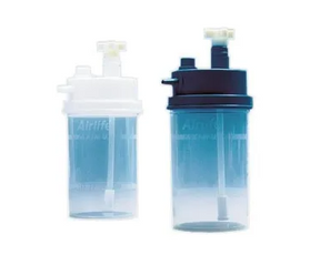 Two medical oxygen humidifier bottles with white and blue lids side by side on white background