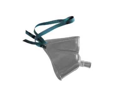 Clear medical respiratory mask with teal adjustable strap on white background