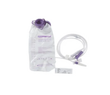 Enteral feeding bag with purple cap, attached tubing, and label on white background