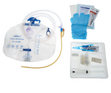 Urinary drainage bag and catheter insertion kit with gloves and medical supplies