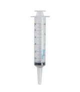 Disposable medical syringe with clear barrel and measurement markings on white background