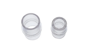 Two clear plastic medical tube adapters on a white background