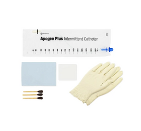 Intermittent catheter kit with Apogee Plus catheter, gloves, swabs, and sterile prep pads.