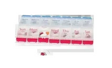 Weekly pill organizer with compartments labeled for each day, holding various medications.