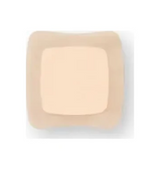 Square beige adhesive medical bandage on white background, wound care dressing