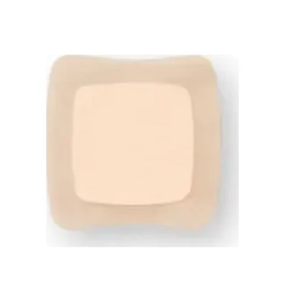 Square beige adhesive medical bandage on white background, wound care dressing
