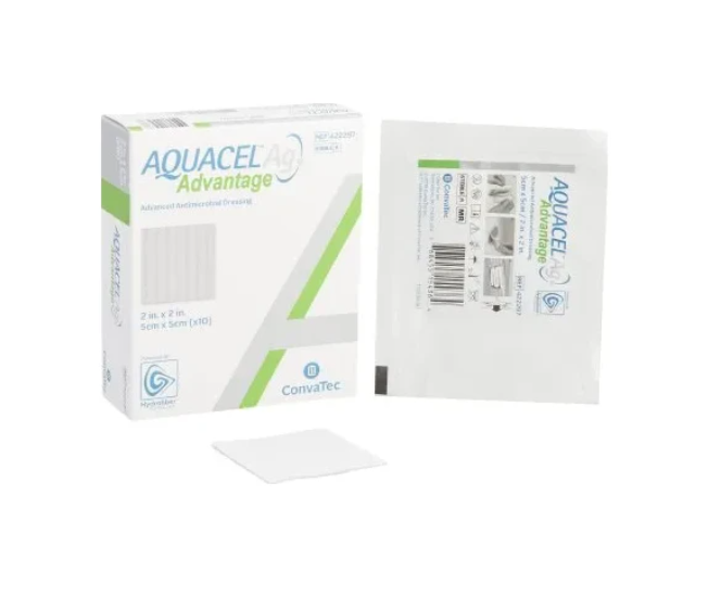 Aquacel Ag Advantage antimicrobial dressing box, packaging, and wound dressing pad