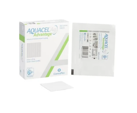 Aquacel Ag Advantage advanced antimicrobial dressing box, packaging, and sterile pad