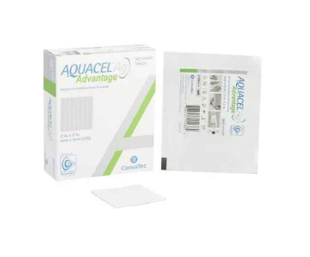 Aquacel Ag Advantage advanced antimicrobial dressing box, packaging, and sterile pad
