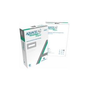 AQUACEL Ag Advantage Surgical advanced antimicrobial dressing box front and back.