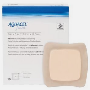 Adhesive silicone foam dressing for wound care, Aquacel packaging, 5in x 5in size.