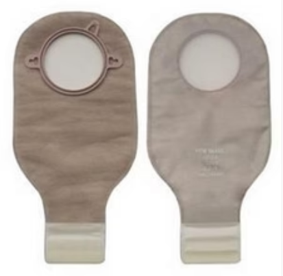 Pair of beige ostomy bags with circular openings and adhesive closures for medical use