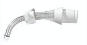 Flexible medical hose with clear tubing and white connector for respiratory equipment