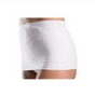 Close-up of a person wearing a white ostomy support belt for medical supplies.