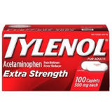 Box of extra strength acetaminophen caplets, 500mg, 100 count, pain reliever and fever reducer