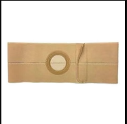 Beige ostomy belt with circular opening for medical support and stoma care